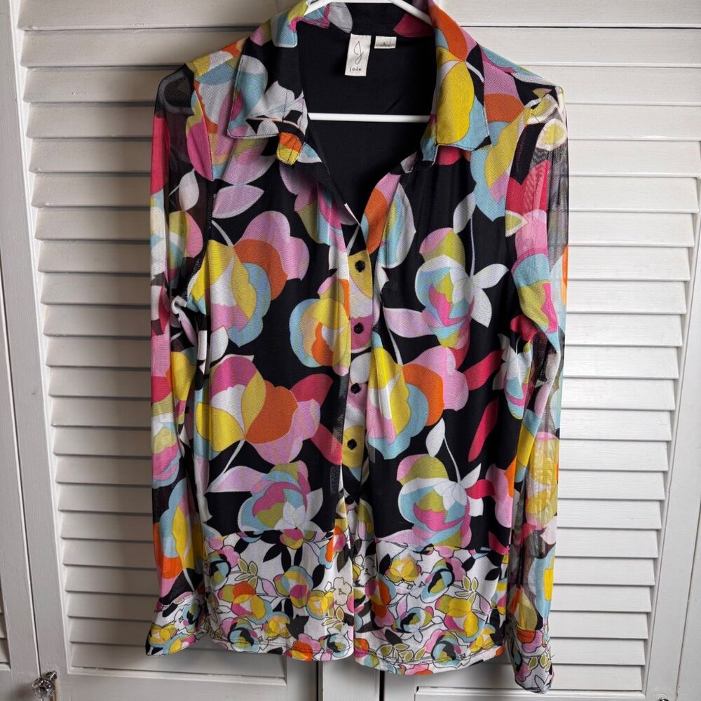 Joie large Floral Semi Mesh Button-Down Shirt colorful Artsy Funky retro inspo